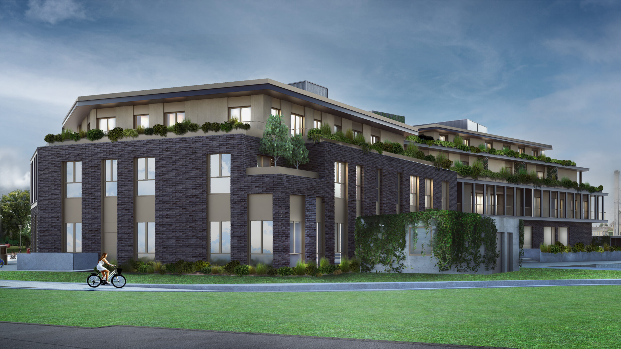 Render della facciata nord-est della Raiffeisen Regional Bank di Mödling con terrazze verdi e rivestimenti in mattoni scuri.